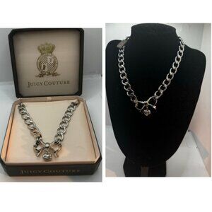 Juicy Couture NEW Vintage Y2K Bow Heart Chunky Chain Necklace Logo Silver Crown
